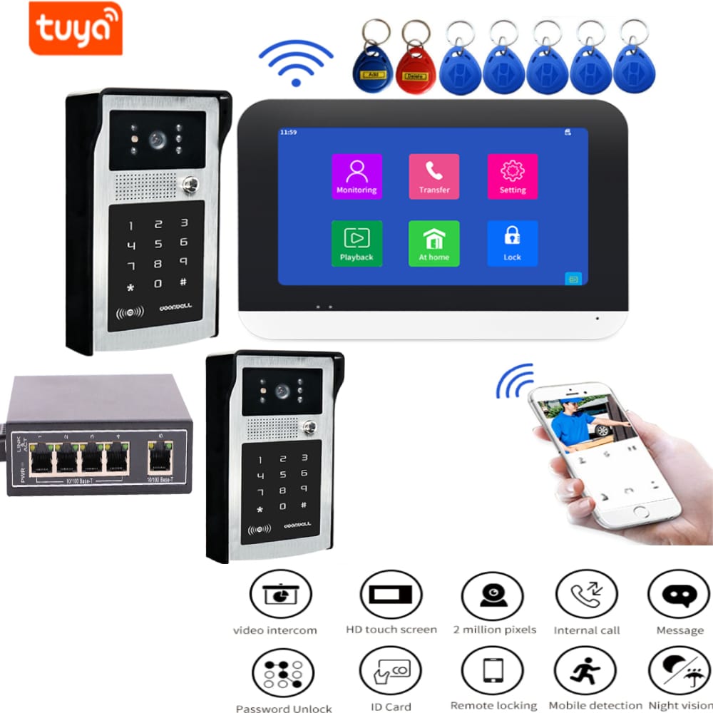 Tuya Touch Screen Monitor Wireless WiFi Smart Video DoorPhone, Intercom System, Doorbell Camera, 1080P Wired Doorbell, 7"