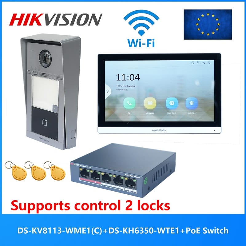 HIKVISION Original Multi-language POE Video intercom KIT,include DS-KV8113-WME1(C) & DS-KH6350-WTE1 & PoE Switch