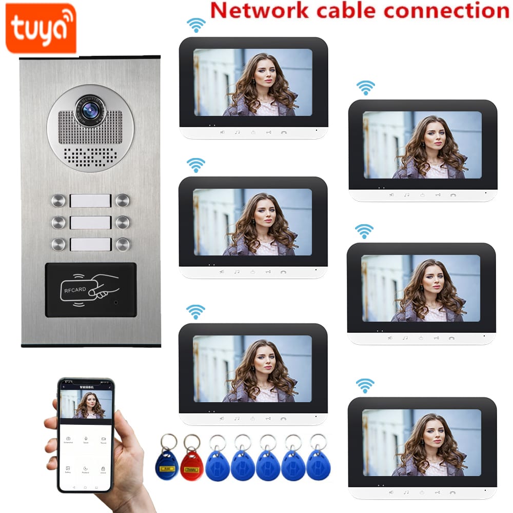 7" Wired WIFI Tuya Video&Audio Home Intercom RFID Access Waterproof Doorbell Camera For 2/3/4/6 Families