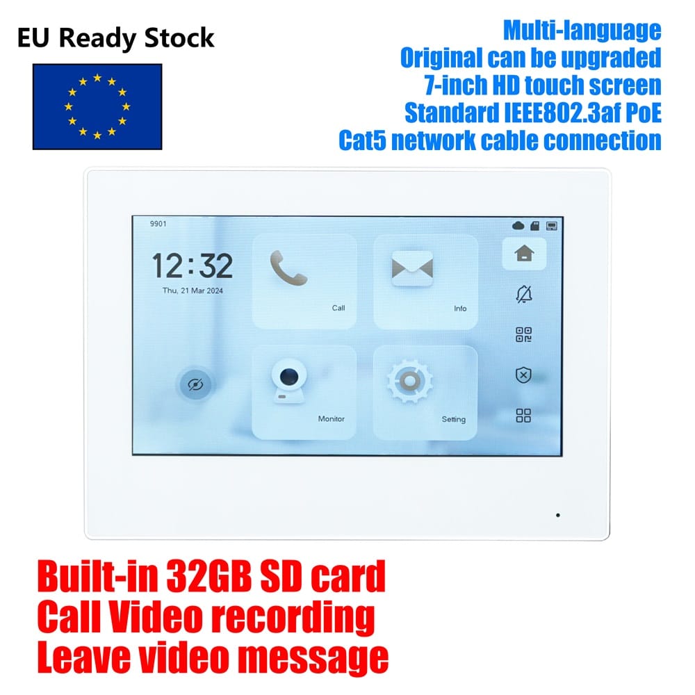 DH VTH2621GW-P replace VTH2421FW-P 802.3af PoE 7inch Touch Indoor Monitor,doorbell Monitor,Video Intercom, Built-in 32GB SD card
