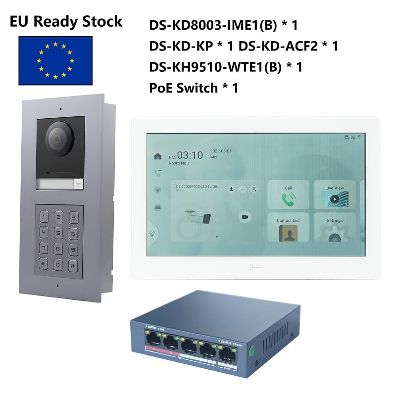 HIK Multi-language 802.3af POE Video intercom KIT,include DS-KD8003-IME1(B) & DS-KH9510-WTE1(B) & PoE Switch