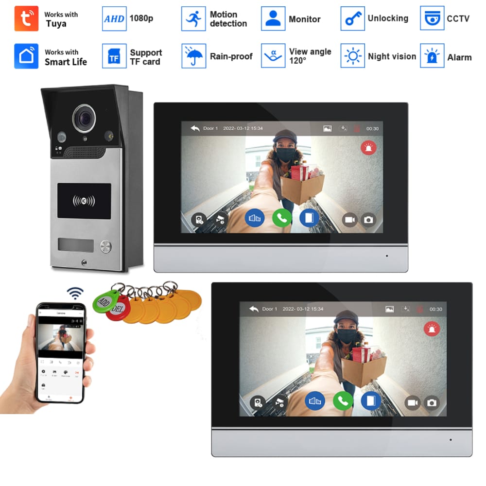 4 wire Smart Home Tuya Wifi 1080P Video Intercom 7'' Color Touch Screen Private Residences Security System RFIC Card