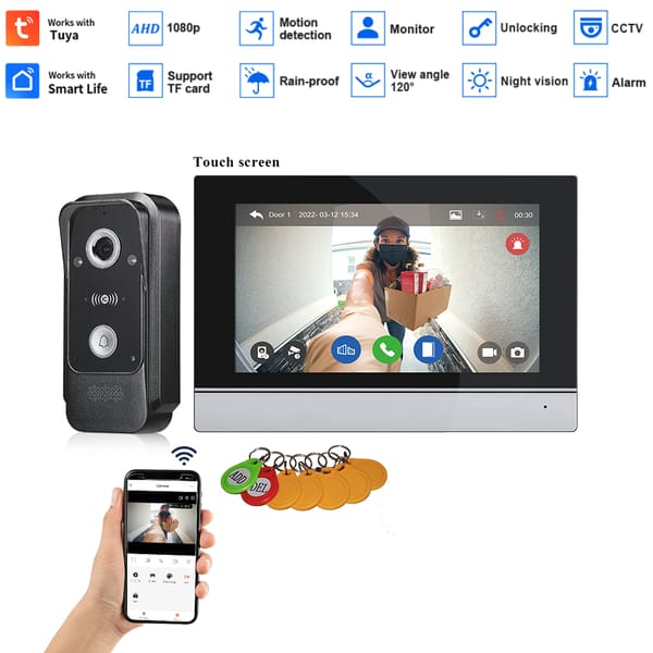Tuya App Home Intercom System Wireless WiFi Smart IP Video Doorbell 1080P 7 Inch with 1x1080P Wired Doorbell