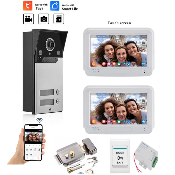 7 Inch 4 wire 1080P Video Doorbell Intercom System with 1080P Wired Door Camera Tuya App&Monitor Unlock Touch Sreen