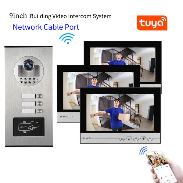 9"Big Size Building Intercom 2-6 Unit WIFI Doorbell Network Cable Port Tuya APP RFID Access Doorbell System for Villa Apartment