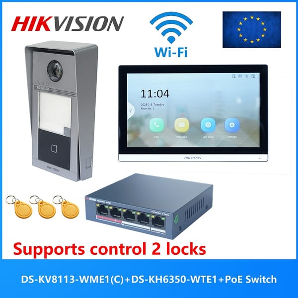 HIKVISION Original Multi-language POE Video intercom KIT,include DS-KV8113-WME1(C) & DS-KH6350-WTE1 & PoE Switch