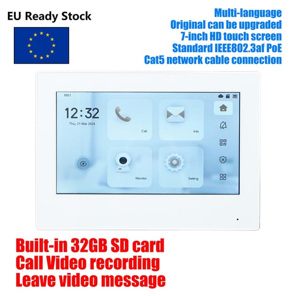 DH VTH2621GW-P replace VTH2421FW-P 802.3af PoE 7inch Touch Indoor Monitor,doorbell Monitor,Video Intercom, Built-in 32GB SD card