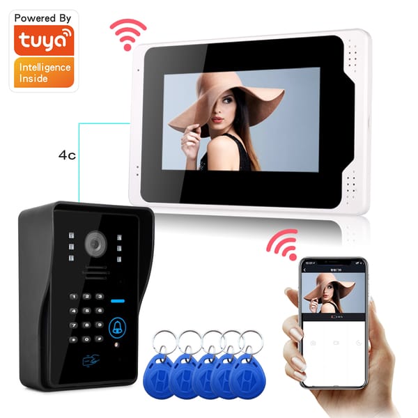 Tuya App Home Intercom System Wireless WiFi Smart IP Video Doorbell 1080P 7 Inch with 1x1080P Wired Doorbell