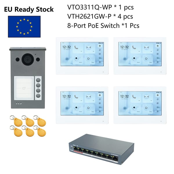 DH Multi-Language IP Video Intercom KIT,VTO3311Q-WP & VTH2621GW-P, P2P Cloud, Door bell 1, 2 ,4 buttons are adjustable