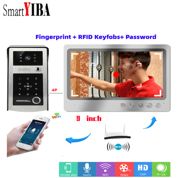 SmartYIBA 9" WIFI Video Door Phone Tuya Smart Monitor Doorbell Fingerprint/Password/RFID Unlock Building Door Intercom System
