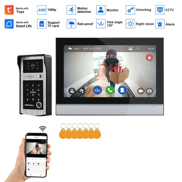 1080P Video Intercom for Home Apartment Kit 2MP Video Doorbell 5in1 Unlock Card Fingerprint Password Wifi Tuya 7 Inch