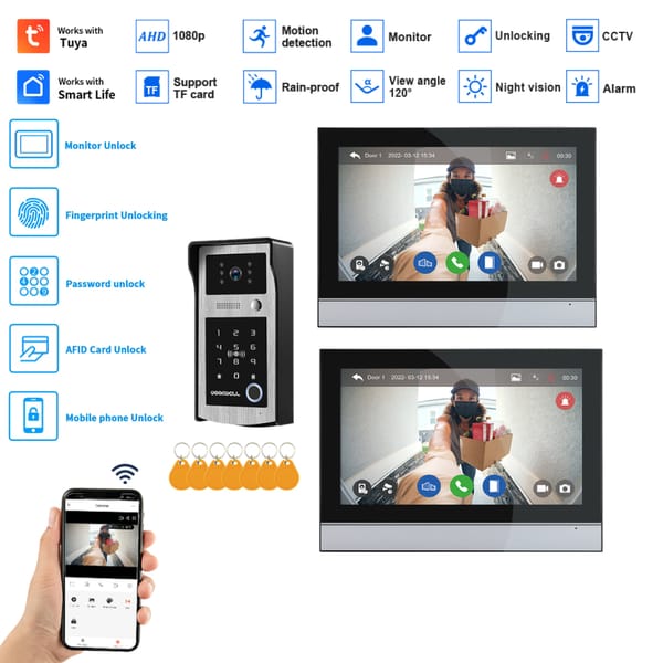 1080P Video Intercom for Home Apartment Security Kit Doorbell 5in1 Unlock Card Fingerprint Password Wifi Tuya 7 Inch