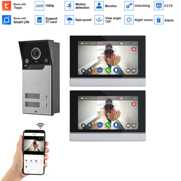 7 Inch Video Intercom System for 2 Households Tuya Wifi Smart Home Touch Monitor 1080P Doorbell Phone Intercoms for Apartment